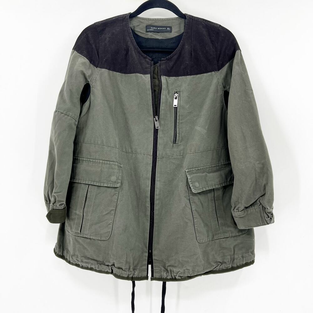 Zara Women's Green Black Long Sleeve Full Zip Oversized Utility Jacket Size S‎